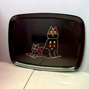 VTG Couroc Cat Kitten Tray Black Hand Inlay Monterey CA Serving Tray